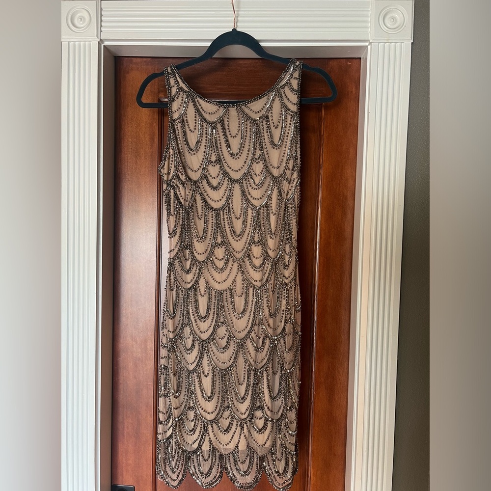 Pisarro Nights Beaded Cocktail Dress - size 2 color oyster